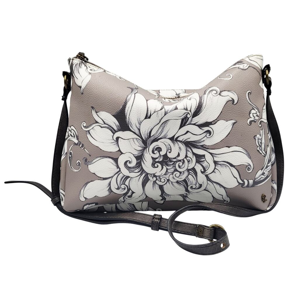 Elliott Lucca Floral Gray & White Adjustable Crossbody Shoulder Bag Zip Closure
